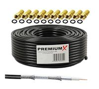 Premium X 50m Cavo coassiale BASIC NERO da Nero 130 dB Cavo antenna SAT schermato a 4 vie 130dB 4K FullHD 1080p HDTV compatibile Nuovo + 10x F-plug a colori "oro"