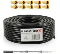 Premium X 50m Cavo coassiale DELUXE PRO da NERO 135dB Cavo antenna SAT in rame puro schermato a 5 vie HD 4K HDTV 1080p + 10x F-Plug