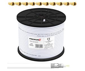 Premium X BASIC Cavo coassiale da 100m - Ricezione perfetta con schermatura in alluminio quadrupla 135dB - Compatibile con DVB-S / S2, DVB-C, DVB-T, BK impianti - Inclusi 10 connettori F