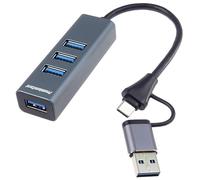 PREMIUMCORD Hub SuperSpeed USB 2in1 a 4x USB A, Trasferimento Dati 3.2 Gen1 5 Gbit/s, Connettore Type-C, Ricarica a 5 V, Per PC, Laptop, Tastiere, Mouse, SSD, Alloggiamento in Metallo, 15 cm