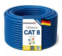 PremiumX, cavo di rete CAT 8, 100 m, cavo di rete LAN, Ethernet Cat8, cavo di installazione 40 Gbps, AWG 23 puro rame S/FTP PiMF PoE Eca classe dati Simplex - Blu
