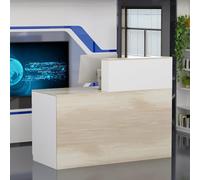 PREMTURE Banco della reception, grande bancone della reception, cassette con scomparti aperti, reception, banconi della reception, mobili da ufficio, colore legno e bianco, 140 x 60 x 110 cm, MDF