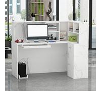 PREMTURE Cassettiera bianca con motivo marmo, bancone reception, tavolo con vassoio per computer e ripiano rimovibile, 140 x 80 x 120 cm