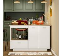 PREMTURE Isola cucina con piano di lavoro, armadio cucina con 1 cassetto, isola cucina con ripiani regolabili, armadio buffet, tavolo per la colazione, 150 x 91 x 80 cm, MDF, bianco + legno di quercia