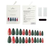 premuto sui chiodi, Unghie finte French natalizie, effetto mandorla, squoval, multicolore, set da 24 pezzi con colla for unghie(067-FD39)