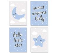 PREMYO Quadri per Camera Bambini - Set di Poster Luna Stella Blu - Stampe da Parete Decorazione Cameretta Neonato A4