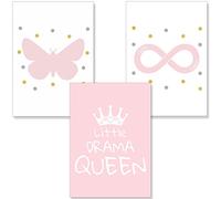 PREMYO Quadri per Camera Bambini - Set di Poster Rosa Little Queen - Stampe Parete Decorazione Cameretta Neonato A4