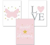 PREMYO Quadri per Camera Bambini - Set Poster Cuore Farfalla Rosa - Stampe Parete Decorazione Cameretta Neonato A4