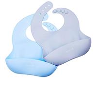 PREMYO Set 2 Bavaglino Silicone con Tasca - Impermeabile Morbido per Bambino Neonato - Comodo Regolabile Blu Grigio