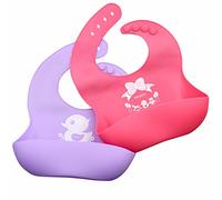 PREMYO Set 2 Bavaglino Silicone con Tasca - Impermeabile Morbido per Bimba Neonato - Comodo Regolabile Rosa Viola
