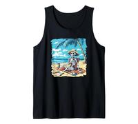 Prendere il sole scheletro sulla spiaggia sotto Palm Trees Costume Canotta