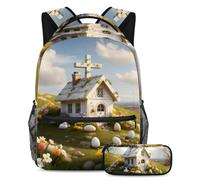 Prendi la scuola con fiducia, set di 2 zaini per bambini per ragazzi ragazze adolescenti, zaino e astuccio per studenti, casa bianca con croce pasquale, Multicolore, B：29.4x20x40cm P：19x7.5x3.8cm,