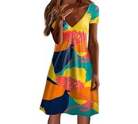 Prendisole in cotone per le donne signore estate manica corta abito alla moda scollo a V swing abito comodo da donna in cotone prendisole, Giallo, L