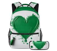 Preparatevi per il ritorno a scuola con il nostro set zaino e astuccio per ragazzi, ragazze e adolescenti, motivo a cuore verde, Multicolore#01, B:29.4x20x40cm P:19x7.5x3.8cm, Zaini Daypack