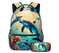 Preparatevi per il ritorno a scuola con il nostro set zaino e astuccio per ragazzi, ragazze e adolescenti, grazioso delfino, Multicolore, B：29.4x20x40cm P：19x7.5x3.8cm, Zaini Daypack