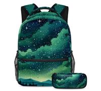 Preparati a brillare a scuola con questo zaino e astuccio, ideale per ragazzi, ragazze e adolescenti, cielo stellato verde, Multicolore, B：29.4x20x40cm P：19x7.5x3.8cm, Zaini Daypack