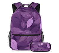 Preparati a imparare con questo set di 2 zaini per bambini alla moda, zaino e astuccio per ragazzi, ragazze, adolescenti, motivo foglie viola, Multicolore, B:29.4x20x40cm P:19x7.5x3.8cm, Zaini