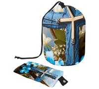 Preparati in un attimo con questa grande borsa per il trucco a cilindro, design impermeabile e salvaspazio, croce blu pasquale, Multicolore, 9.9x6.9in/25.2x17.6cm;6x3.5in/15.2x8.8cm