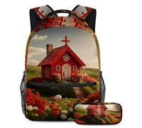 Preparati per la scuola con il nostro pacchetto zaino e astuccio, casa rossa con croce pasquale, Multicolore, B:29.4x20x40cm P:19x7.5x3.8cm, Zaini Daypack