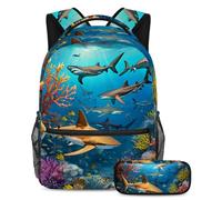 Preparati per la scuola con il nostro zaino e astuccio da 2 pezzi, set di zaini tutto in uno per ragazzi, ragazze, adolescenti, squalo carino, Multicolore, B：29.4x20x40cm P：19x7.5x3.8cm, Zaini
