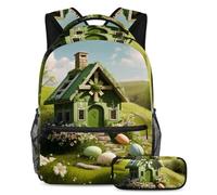 Preparati per la scuola con questo set di 2 zaini, zaino e astuccio per ragazzi, ragazze e adolescenti, casa con croce pasquale verde, Multicolore, B:29.4x20x40cm P:19x7.5x3.8cm, Zaini Daypack