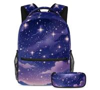 Preparati per la scuola con questo set zaino e astuccio, ideale per ragazzi, ragazze e adolescenti, cielo stellato viola, Multicolore, B：29.4x20x40cm P：19x7.5x3.8cm, Zaini Daypack