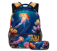 Preparati per la scuola con stile con il set di 2 zaini per bambini, zaino e astuccio per ragazzi, ragazze e adolescenti, graziose meduse, Multicolore, B:29.4x20x40cm P:19x7.5x3.8cm, Zaino daypack