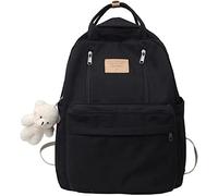 Preppy Backpack with Plushies Cute Backpack for Teen Girls, Light Academia Aesthetic Backpack Simple Backpack for school (Black)