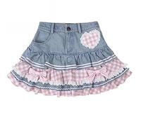 Preppy Lolita Kawaii Gonne Dolce Mini Donne Carino Abito di Sfera Gonna Denim Y2K A Vita Alta Pizzo Cake Gonne, Blu, M