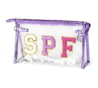 Preppy Patch SPF Varsity Letter Cosmetic Toiletry Bag For Women Aesthetic Waterproof Felt Material Organizer Zipper Clutch Purse(DO-AS0120BP)
