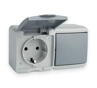 Presa a 1 presa con coperchio e interruttore della luce, IP44, 230 V, 16 A, interruttore a bilanciere, interruttore a bilanciere, interruttore orizzontale, antipolvere, per ambienti umidi, grigio