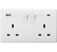 Presa a commutazione con bordo curvo 13A 2G SP con doppio caricatore USB C (5V DC 3.1A condiviso), presa doppia + USB C - ST67W