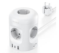 Presa a cubo 8 in 1 con USB, presa multipla a cubo con interruttore, 5 prese, con 3 USB, presa multipla con interruttore, cavo di prolunga da 2 m, per ufficio/casa/viaggi, bianco