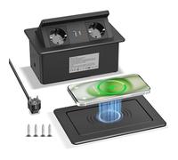 Presa a scomparsa con caricatore wireless e USB C PD 20 W, presa da incasso a scomparsa per piano di lavoro, scrivania, presa da incasso nera, cavo da 1,8 m