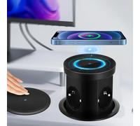 Presa a scomparsa con ricarica wireless da 15 W, 3 scomparti e 2 porte USB, presa da tavolo retrattile da cucina, colore nero, presa D 110 mm, piano di lavoro a scomparsa