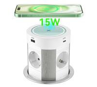 Presa a scomparsa con USB C PD 75 W, 4 prese da incasso con caricatore wireless da 15 W, presa da tavolo a scomparsa per piano di lavoro cucina, cavo da 1,8 m, bianco