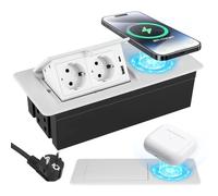 Presa a scomparsa con USB-C PD20W e ricarica wireless 15W - Presa da incasso per scrivania e cucina, 2 prese Schuko + USB-A, alluminio pressofuso, bianco