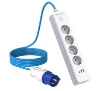 Presa a scomparsa con USB, presa da incasso con interruttore, 4 prese da tavolo, ciabatta con 2 USB 1 USB C, presa elettrica con spina CEE per campeggio, cucina, roulotte, tenda, 5 m cavo bianco