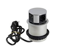 Presa a scomparsa per cucina e ufficio - presa rotonda da incasso ideale per il piano di lavoro, come presa da tavolo o sotto con elemento a 3 prese, 2x USB e 1,8m di cavo da cucina Popup