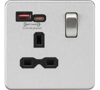 Presa commutata 13A 1G con doppia USB [FASTCHARGE] A+C - Cromo spazzolato con inserto nero
