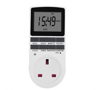 Presa con timer a risparmio energetico, programmabile con display LCD flessibile, ricarica automatica della batteria, ignifuga, con conto alla