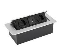 Presa da incasso a scomparsa, 2 scomparti con 2 prese USB, da incasso, con coperchio, presa per mobili, pieghevole, per cucina, ufficio, scrivania, banco da lavoro (argento)