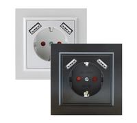 Presa da incasso tipo F Schuko con doppia USB colore bianco ideale per la ricarica di dispositivi elettronici in spazi ristretti.