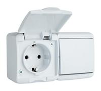 Presa da parete a 1 scomparto con coperchio a scatto e interruttore della luce, IP44, 230 V, 16 A, interruttore a bilanciere, interruttore di controllo a bilanciere orizzontale, antipolvere, per