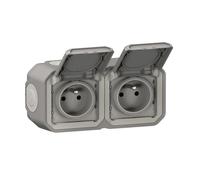 Presa di corrente doppia precablata 2x2P+T 16A 250V ~ LEGRAND impermeabile Plexo Grigio IP55 IK08 consegnato completo per fissaggio sporgente