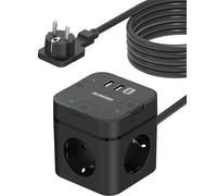 Presa multipla 6 in 1 a forma di cubo, a spina piatta, con porta USB C e 3 prese con interruttore indipendente, con cavo da 4 m, per ufficio, casa, viaggi (nero)