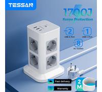 Presa multipla TESSAN Tower con 2 prese multiple USB + 1 tipo C Cavo di prolunga da 2 M Spina UE Presa elettrica verticale Protezione contro le sovratensioni