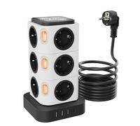 Presa multipla Tower, Acodot 12 prese, con USB, protezione da sovratensione, torre con 4 interruttori, luce notturna originale e 3 porte USB, cavo 3 m, 2500 W per ufficio