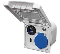 Presa per esterni multifunzione Schuko, ideale per camper, roulotte, caravan, barca, da 220 V e 230 V, con presa per antenna satellitare, USB, HDMI da 12 Volt