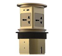Presa pop-up con ricarica USB e wireless, oro | 4 prese AC, 2 porte USB e ricarica wireless in una torre retrattile in lega di alluminio per controsoffitti senza ingombri.